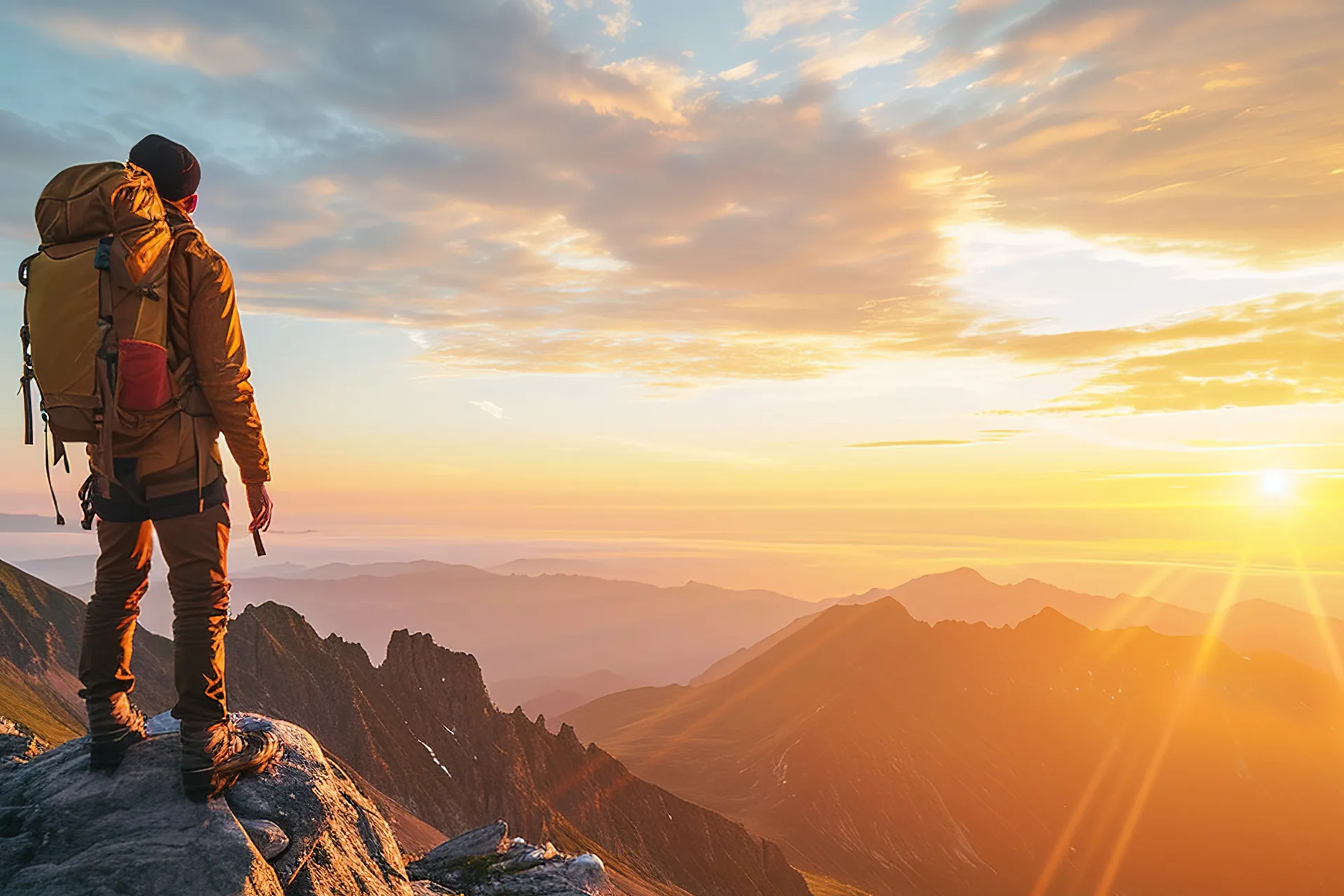 przebudzona_odwaga_siegania_po_sukces_1920x1280 mężczyzna stojący na szczycie góry, patrzący na zachodzące słońce