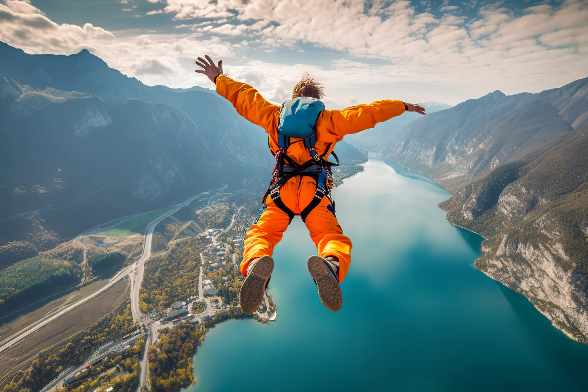 skok_spadochron1920x1280 mężczyzna stojący na szczycie góry, patrzący na zachodzące słońce
