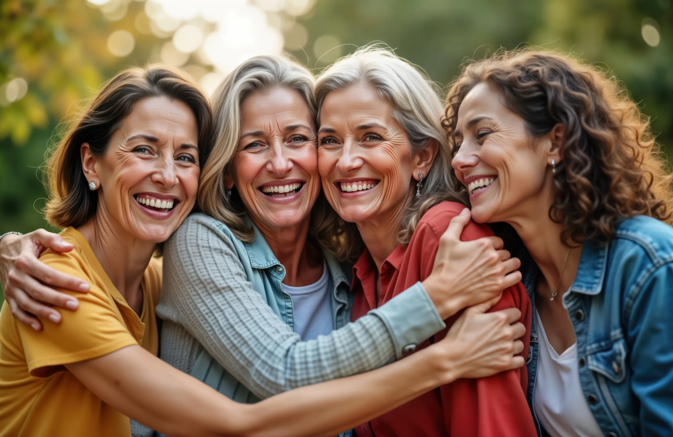 Four middle-aged women embrace warmly in park. Laughing happily. Women diverse. Appear to friends enjoying sunny day outdoors. Multiracial group of women smile, bond, showing close friendship.